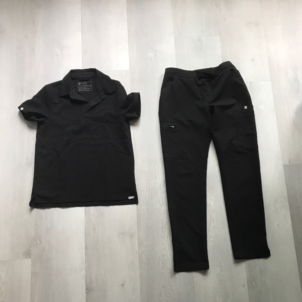 FIGS SCRUB SET BLACK POLO SHIRT PANT WOMENS 2XS/XS